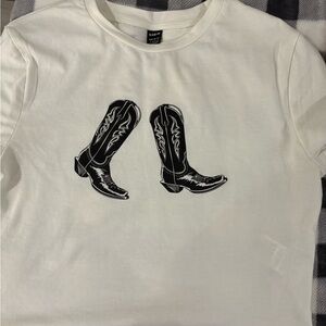 SHEIN Cream Crop Top with Black Boot Print